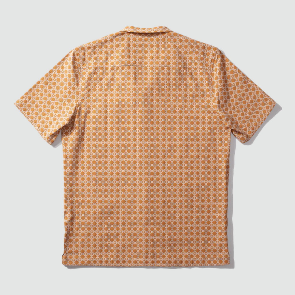 Edmmond Studios Artisan Short Sleeve Shirt in Orange - Vibrant orange short-sleeved shirt with geometric print details, made from 100% cotton yarn and crafted in Portugal