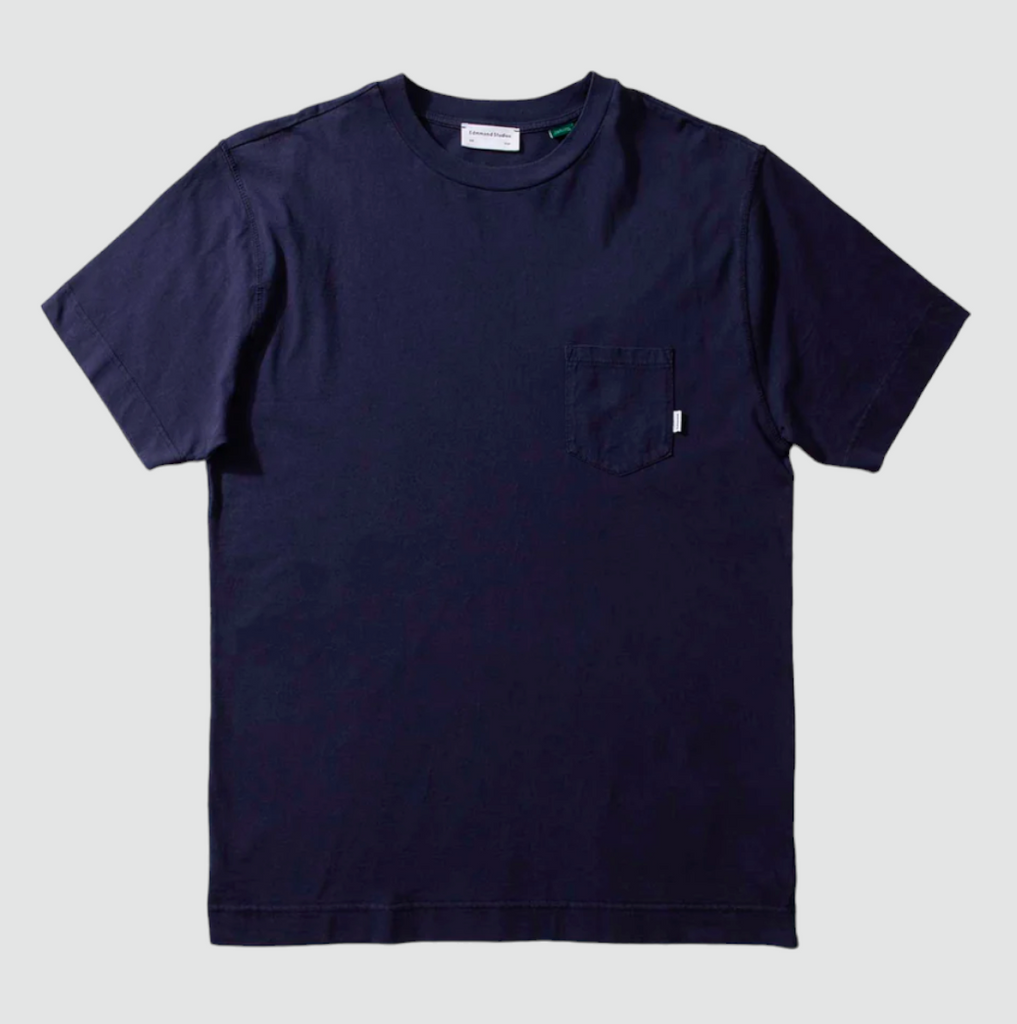 Edmmond Studios Pocket Core Tee in Navy - Short-sleeve T-shirt with upper left side pocket, made from 100% cotton.