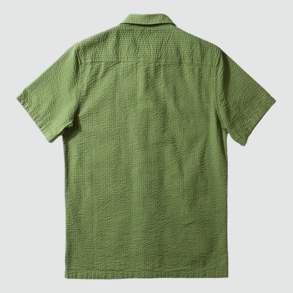 Edmmond Studios Seersucker Short Sleeve Shirt in Khaki - Relaxed fit shirt with chest pocket and button fastenings, crafted from 100% cotton