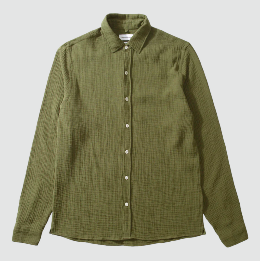 Edmmond Studios Snap Shirt in Khaki - Lightweight organic cotton shirt made in Portugal, ideal for versatile summer wear.
