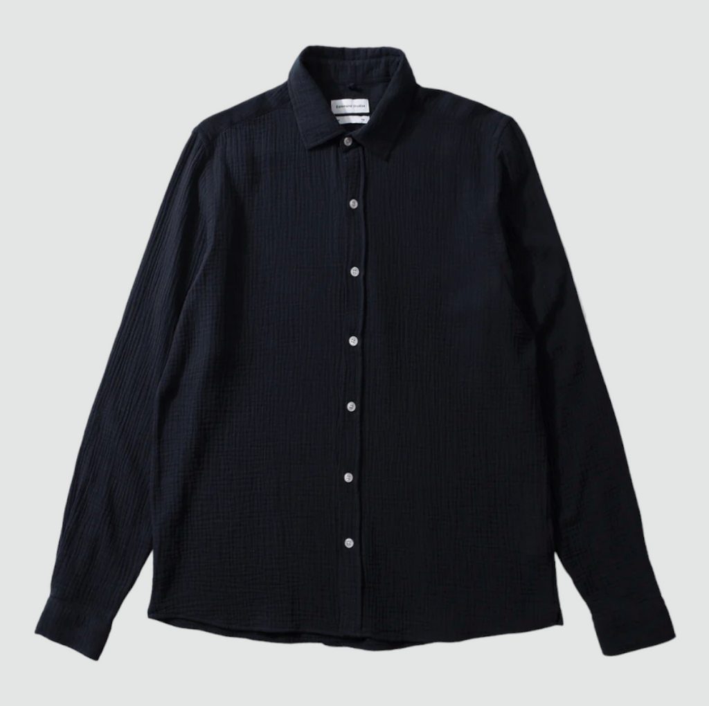 Edmmond Studios Snap Shirt in Navy - Lightweight organic cotton shirt made in Portugal, perfect for versatile summer styling
