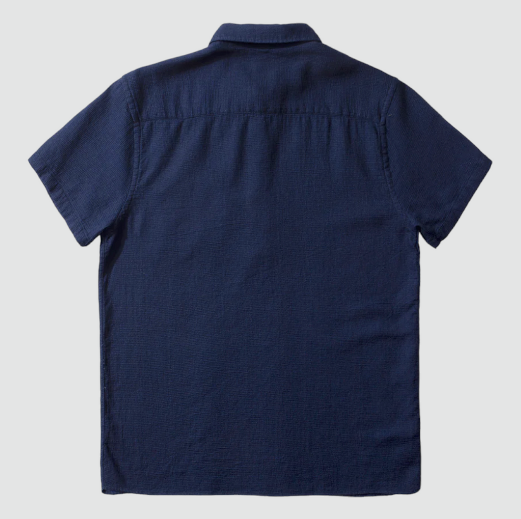 Edmmond Studios Waffle Short Sleeve Polo Shirt in Navy - Straight cut shirt with button placket, chest pocket, and buttoned cuffs, crafted from soft organic cotton waffle fabric