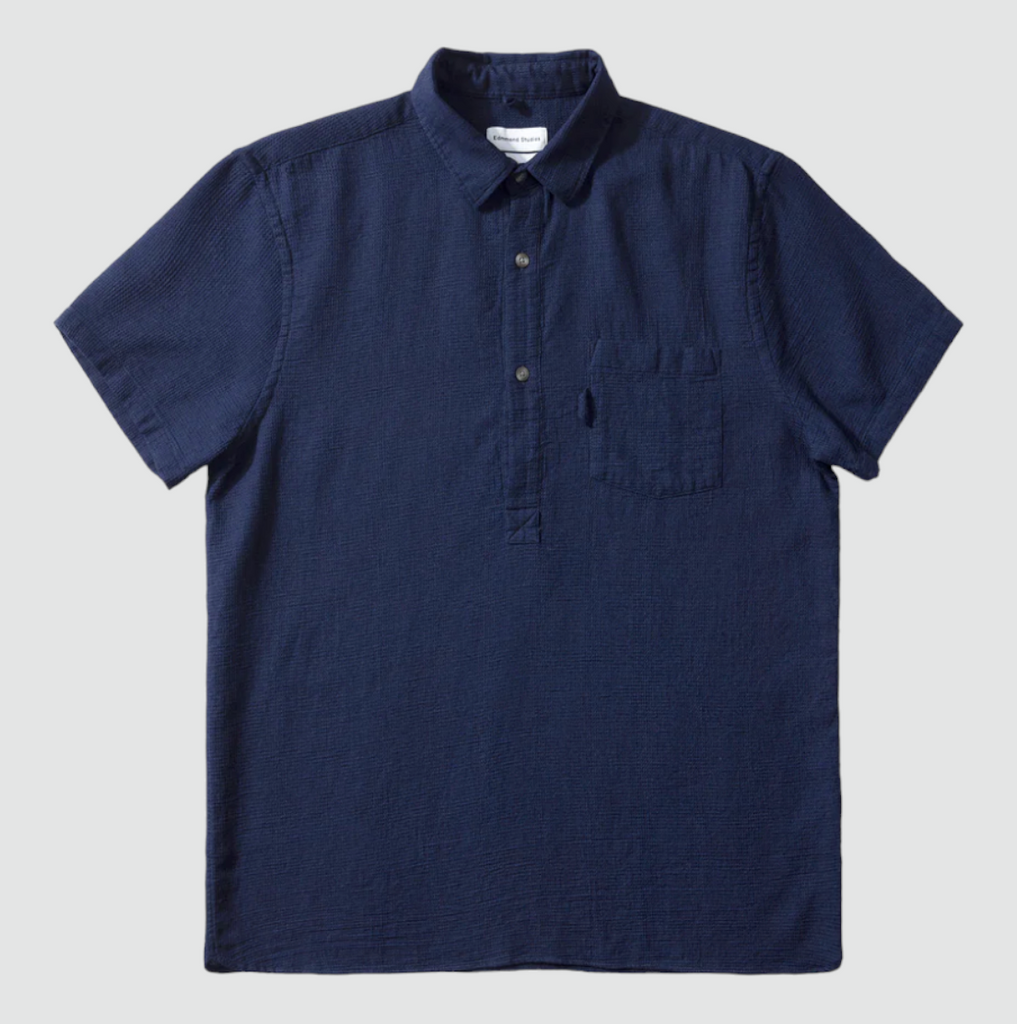 Edmmond Studios Waffle Short Sleeve Polo Shirt in Navy - Straight cut shirt with button placket, chest pocket, and buttoned cuffs, crafted from soft organic cotton waffle fabric