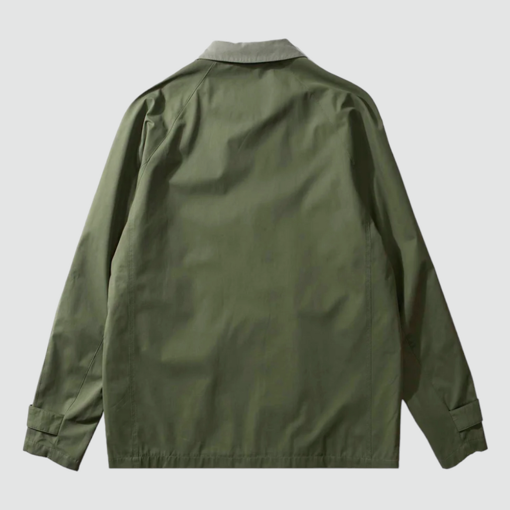 Edmmond Studios Wood Jacket in Khaki - Relaxed silhouette jacket with raglan sleeves, zip fastening, and three pockets. Crafted from a technical blend of polyamide and cotton