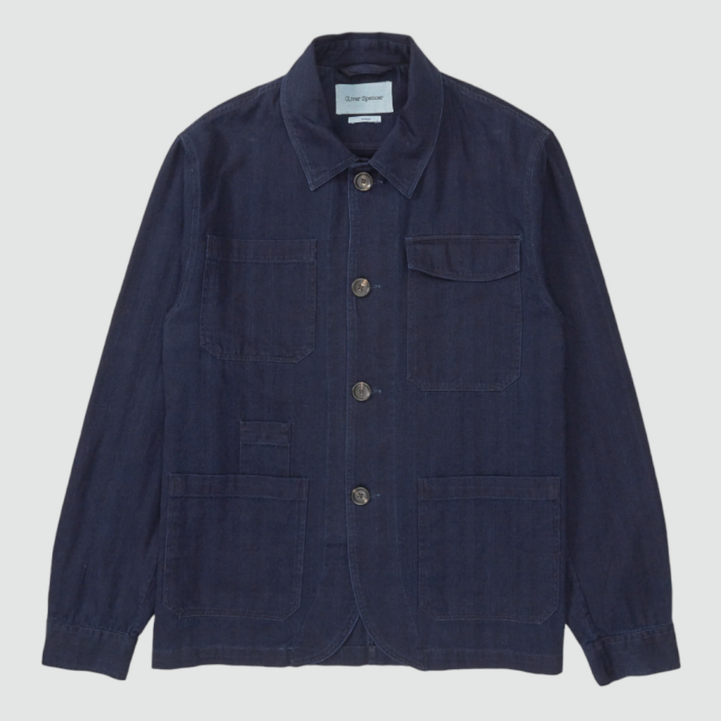 Oliver Spencer Hythe Jacket Faye in Indigo Blue - Midweight cotton chore jacket with herringbone weave, made in Portugal