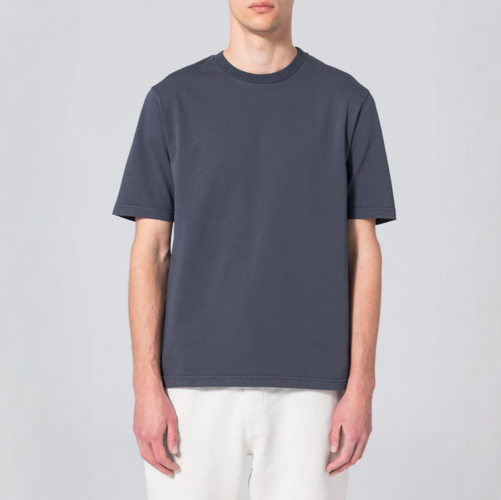 Unfeigned Basic T-Shirt - Blue Graphite: Blue graphite basic t-shirt made from heavyweight organic cotton, featuring side slits and longer length at the back