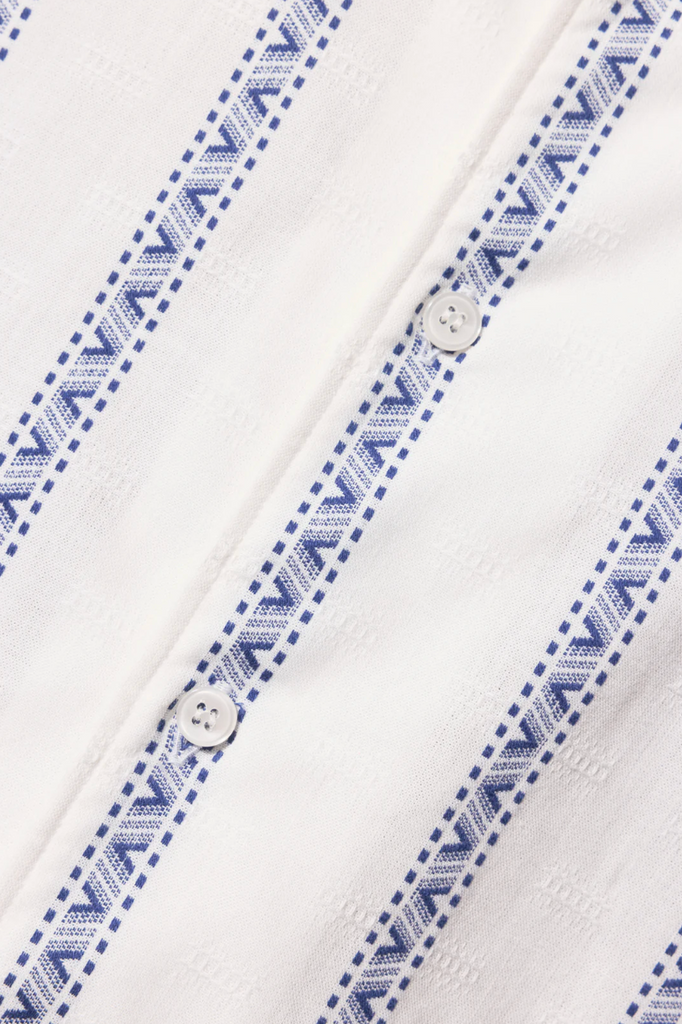 Unfeigned Short Sleeve Shirt Embroidery - White/Blue: White and blue short sleeve shirt with mother of pearl buttons, front pockets, and intricate embroidery