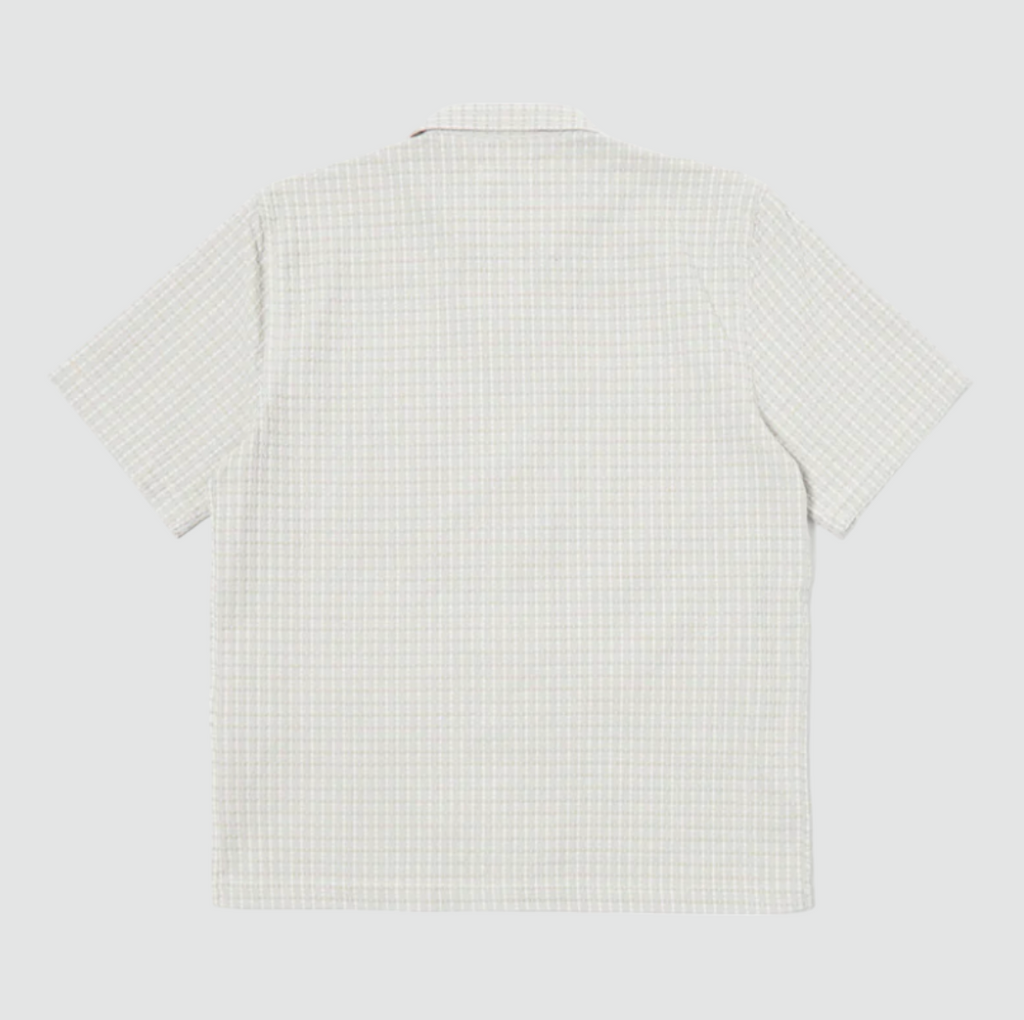 Universal Works Road Shirt in Light Olive Delos Cotton - Classic short-sleeved summer shirt with loop-close top button, crafted from premium dobby weave fabric for timeless style and comfort