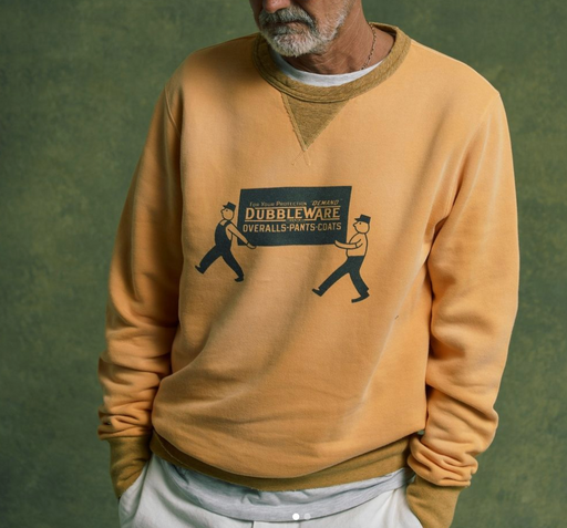Man standing in a yellow Dubbleware sweatshirt which is an example of what we have on sale