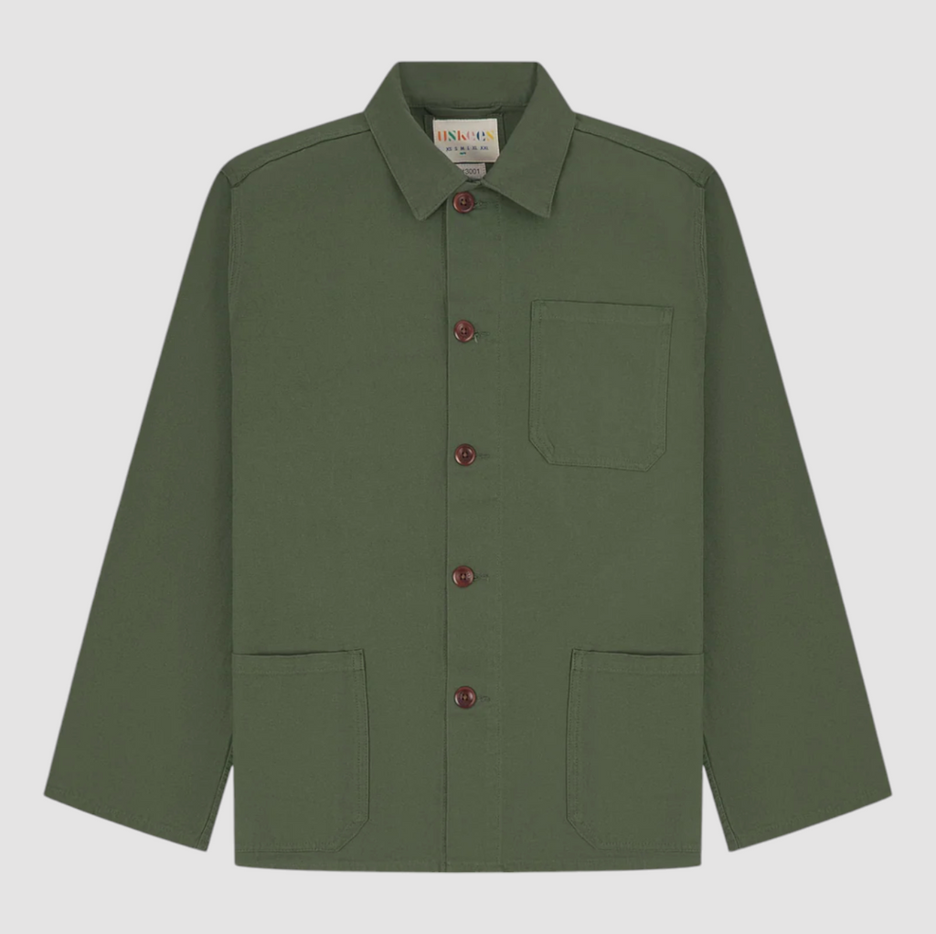 USKEES #3001 Buttoned Overshirt - Coriander, 100% organic cotton, boxy design, deep pockets, reinforced elbows, and plant-based corozo buttons.