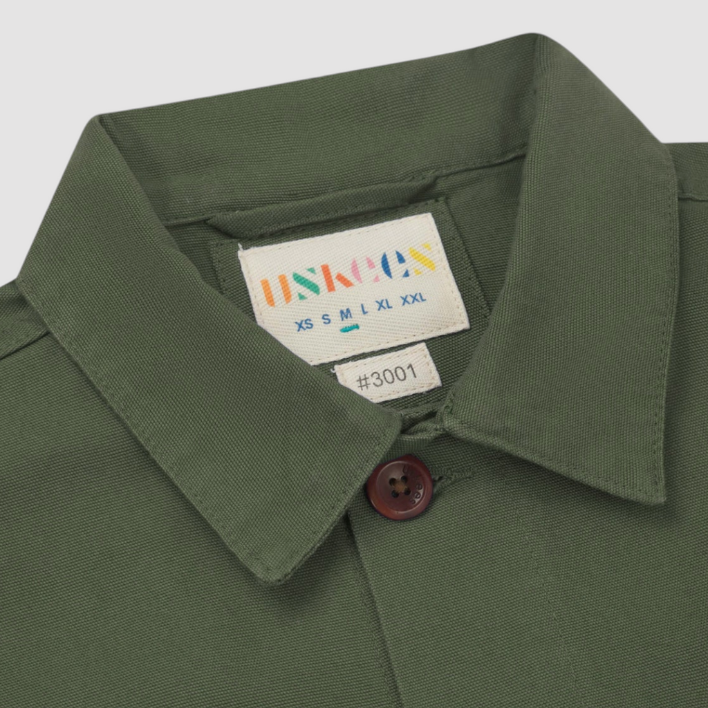 USKEES #3001 Buttoned Overshirt - Coriander, 100% organic cotton, boxy design, deep pockets, reinforced elbows, and plant-based corozo buttons.