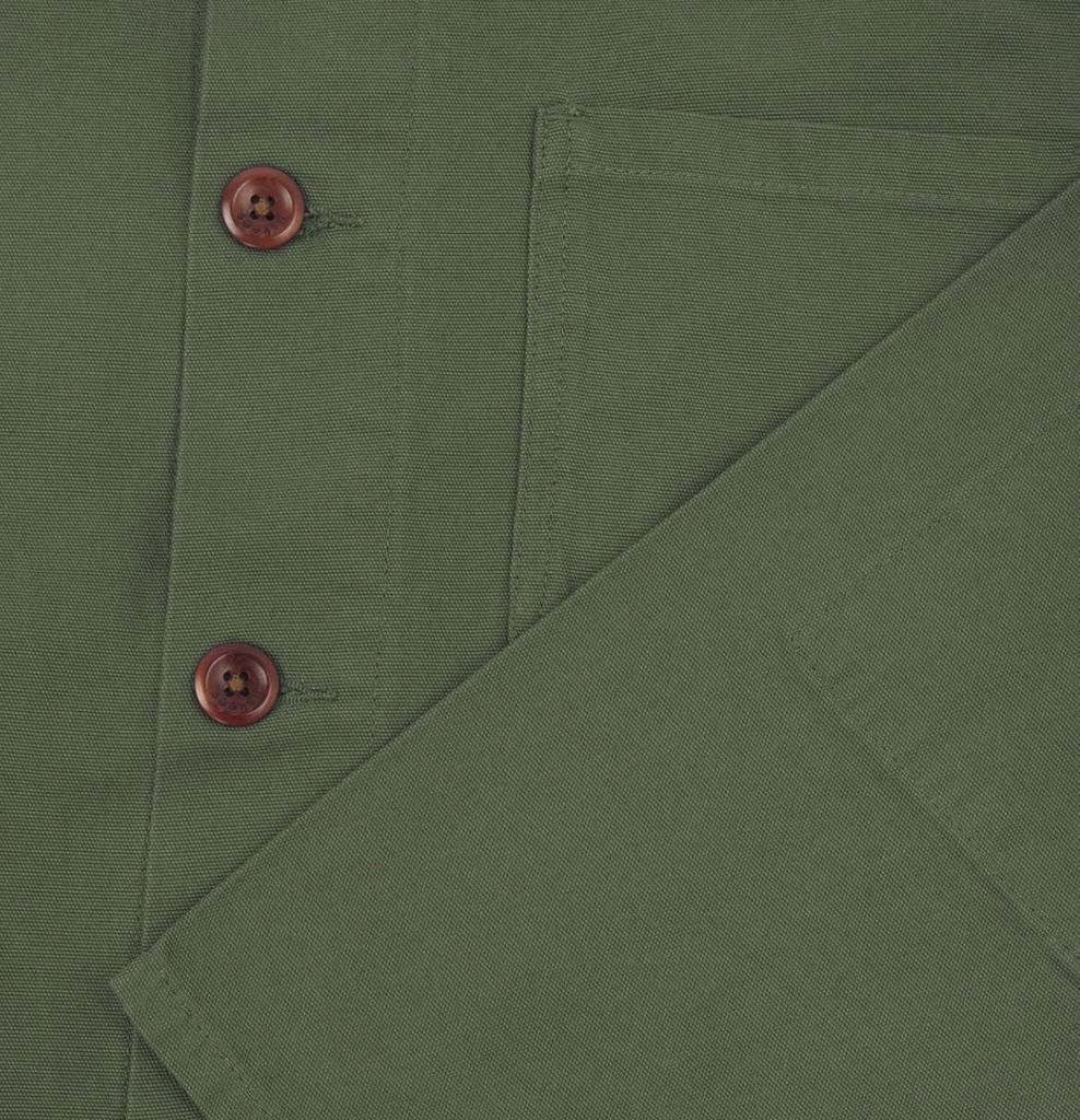 USKEES #3001 Buttoned Overshirt - Coriander, 100% organic cotton, boxy design, deep pockets, reinforced elbows, and plant-based corozo buttons.