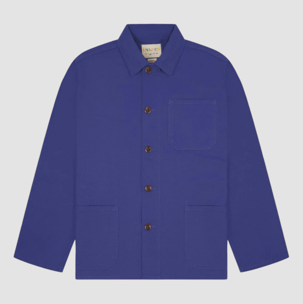 USKEES #3001 Buttoned Overshirt - Ultra Blue, 100% organic cotton, boxy design, deep pockets, reinforced elbows, and plant-based corozo buttons.