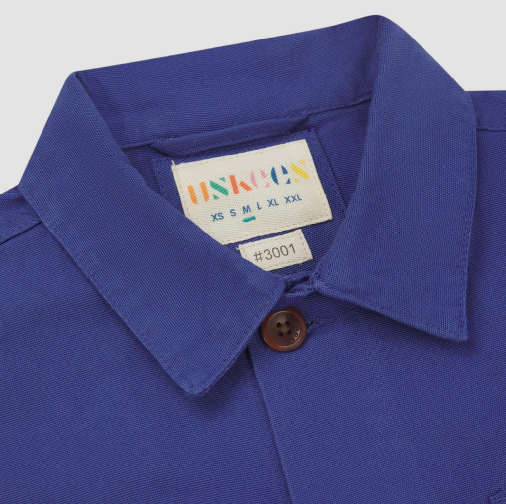 USKEES #3001 Buttoned Overshirt - Ultra Blue, 100% organic cotton, boxy design, deep pockets, reinforced elbows, and plant-based corozo buttons.