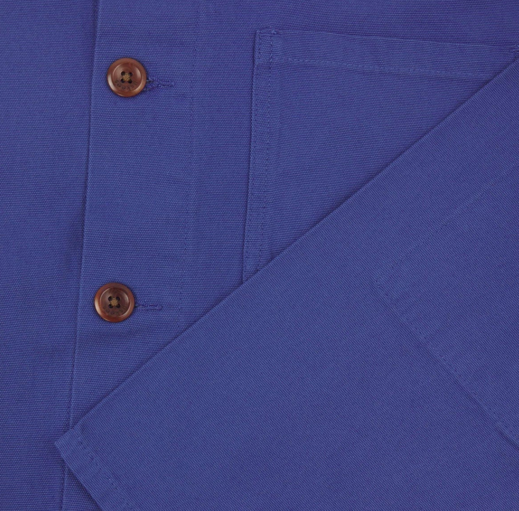 USKEES #3001 Buttoned Overshirt - Ultra Blue, 100% organic cotton, boxy design, deep pockets, reinforced elbows, and plant-based corozo buttons.