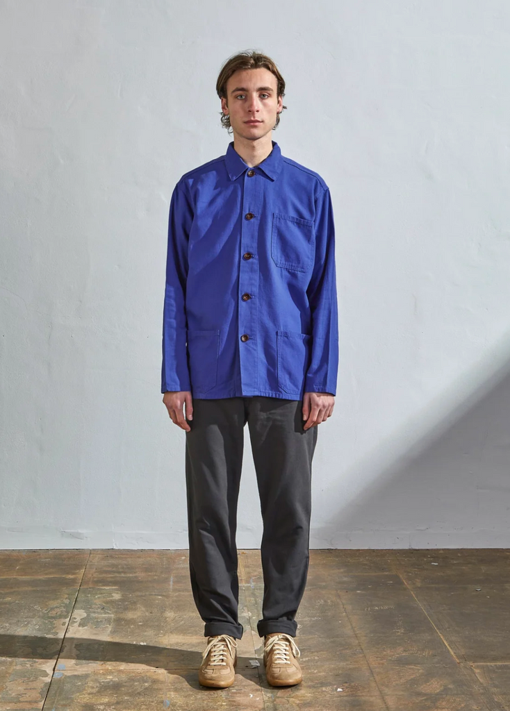 USKEES #3001 Buttoned Overshirt - Ultra Blue, 100% organic cotton, boxy design, deep pockets, reinforced elbows, and plant-based corozo buttons.