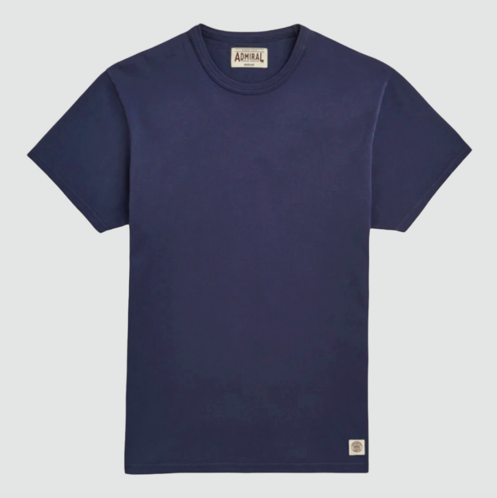 The Admiral Aylestone Tee in Navy, made from 220gsm heavy cotton jersey, with set-in sleeves and twin needle stitching for durability.