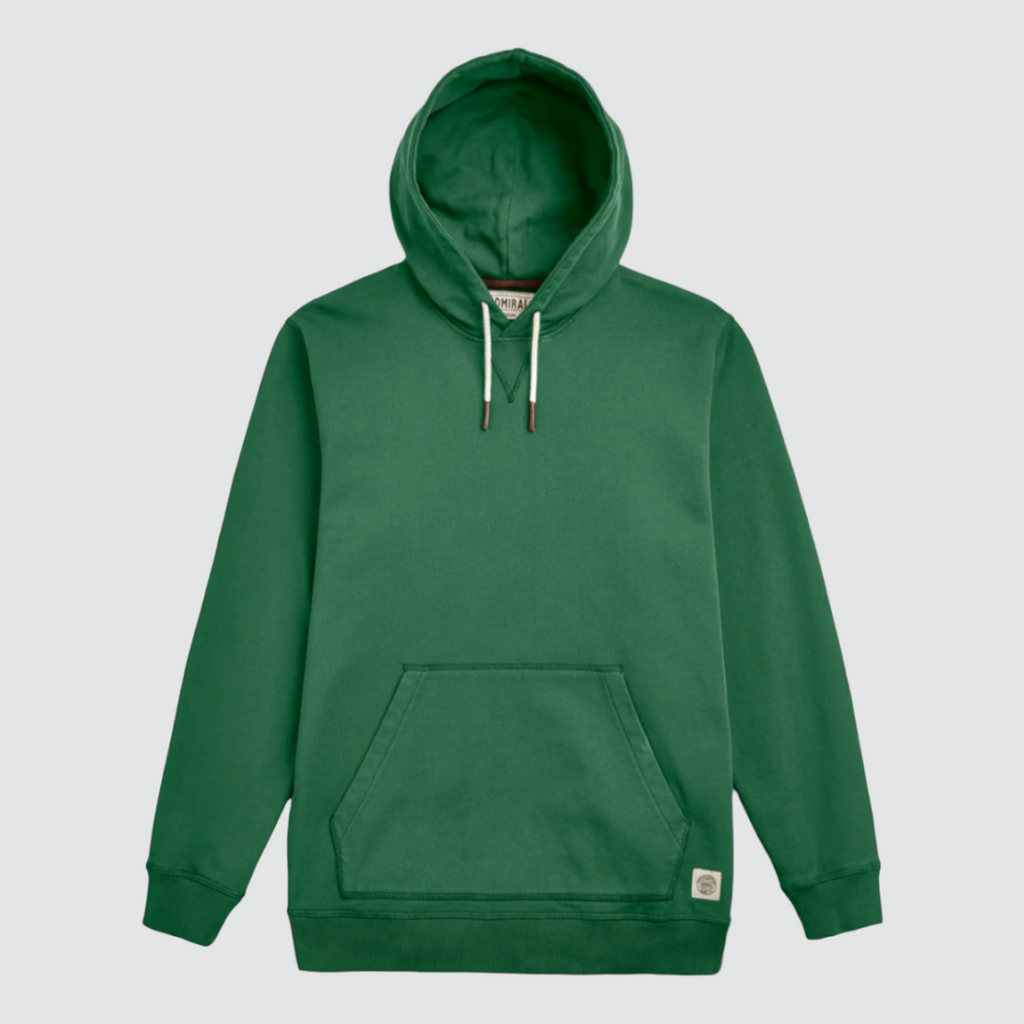 Harrier Green Braunstone hoodie featuring a lined hood, dipped end drawcords, kangaroo pocket, and locker patch branding. 395gsm cotton loopback fabric.