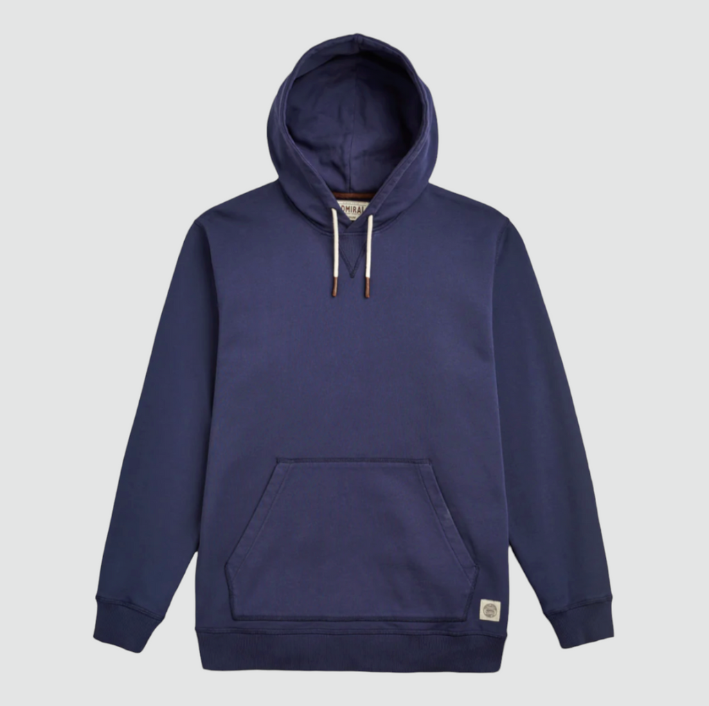 Heavyweight navy hoodie with a lined hood, drawcords, kangaroo pocket, and subtle locker patch branding. Crafted from 100% cotton loopback fabric.