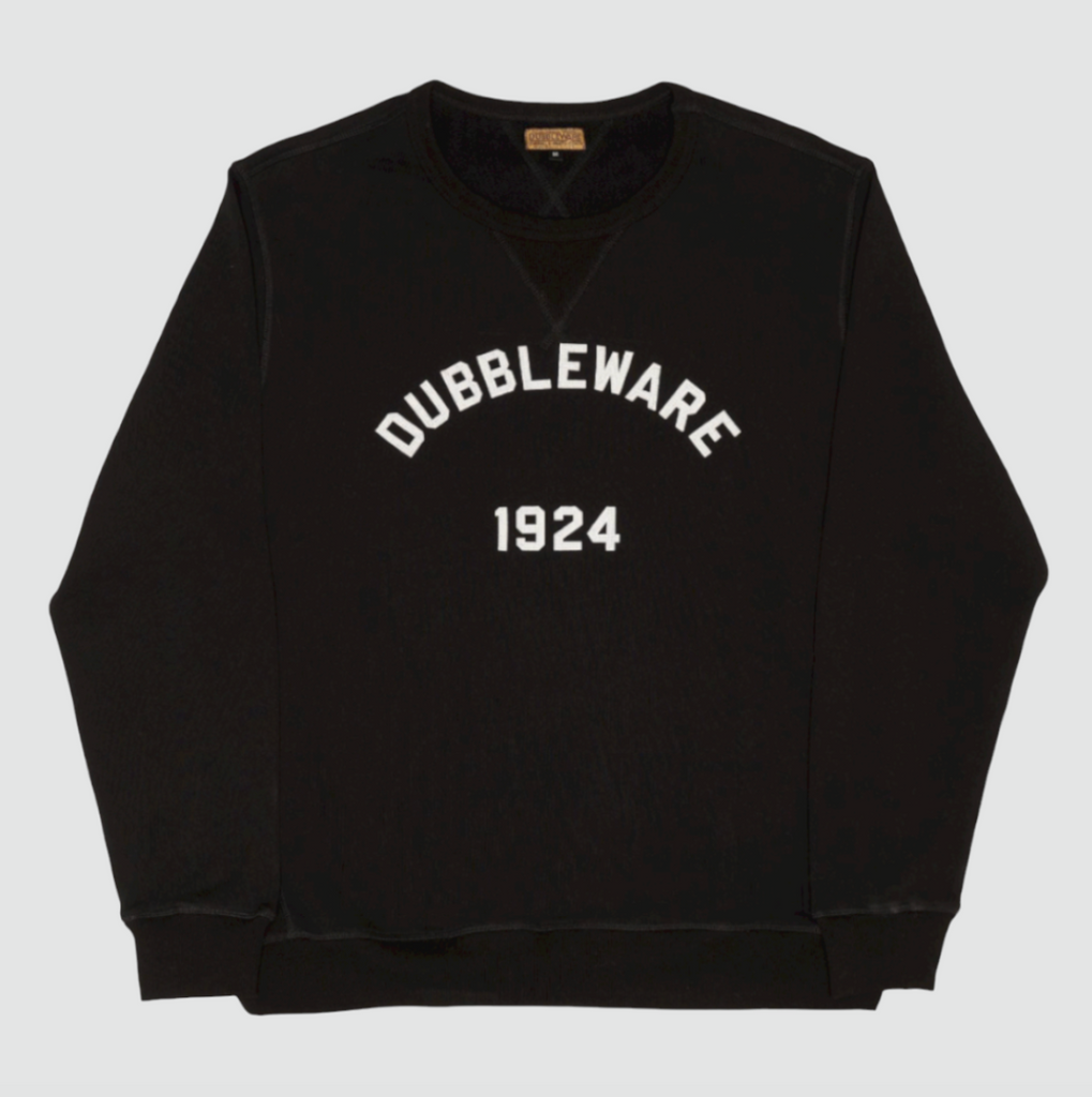 Dubbleware 1924 Sweat in black, made from 100% organic cotton with loopback French terry and chainstitched felt details.