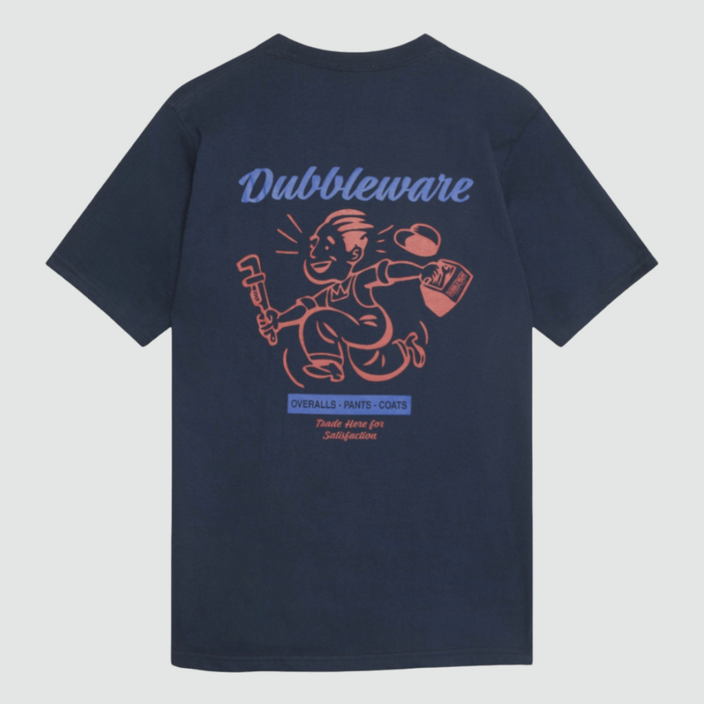 Navy Dubbleware Buzz Tee featuring a back print of "Buzz" from their 1930s marketing campaign, made from soft 100% cotton in a standard fit.