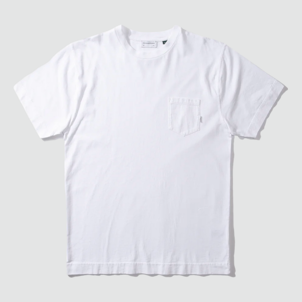 Edmmond Studios Pocket Core Tee in White - Short-sleeve T-shirt with upper left side pocket, made from 100% cotton