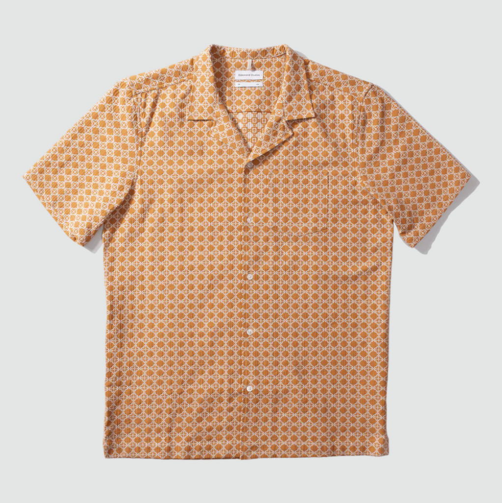 Edmmond Studios Artisan Short Sleeve Shirt in Orange with geometric white thread print, made from 100% cotton for a stylish and comfortable fit.