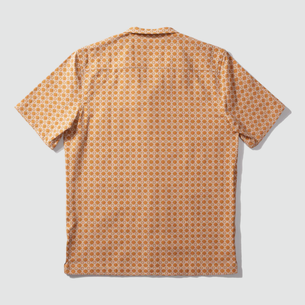 Edmmond Studios Artisan Short Sleeve Shirt in Orange with geometric white thread print, made from 100% cotton for a stylish and comfortable fit.