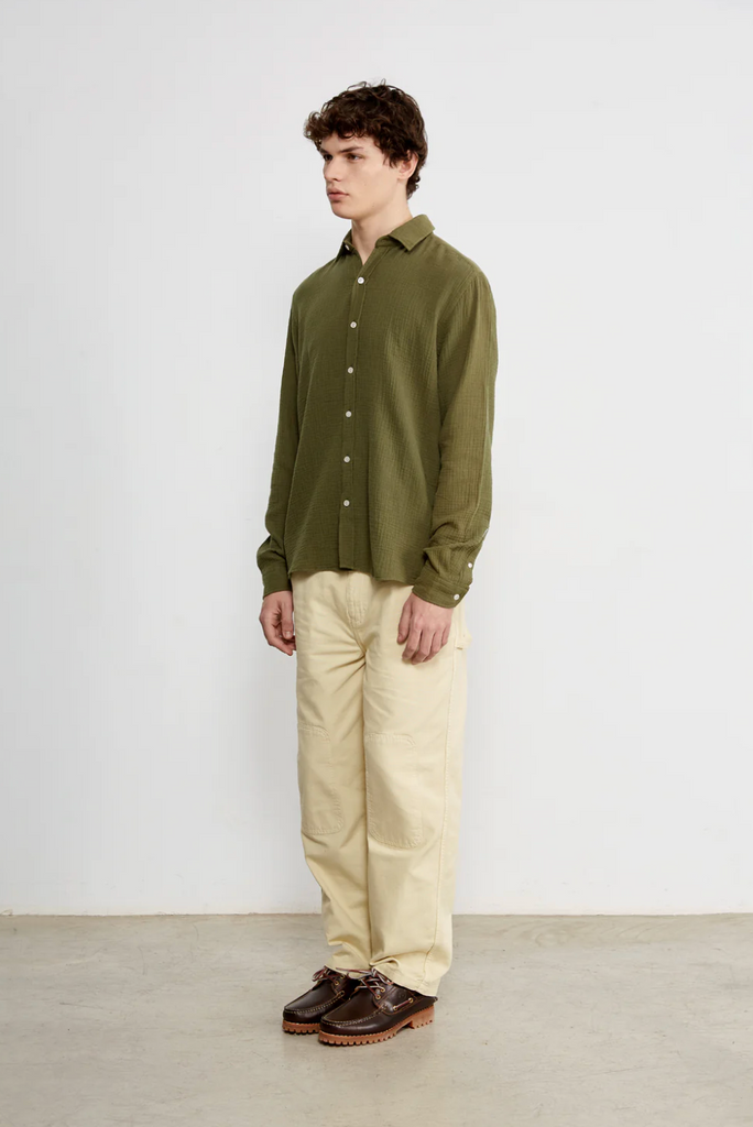 Edmmond Studios Snap Shirt in Khaki - Lightweight organic cotton shirt made in Portugal, ideal for versatile summer wear.