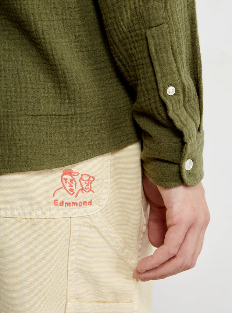 Edmmond Studios Snap Shirt in Khaki - Lightweight organic cotton shirt made in Portugal, ideal for versatile summer wear.