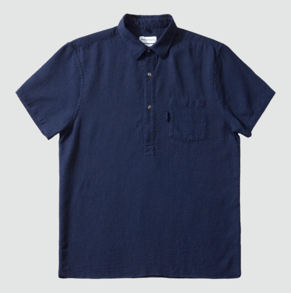 Edmmond Studios Waffle Short Sleeve Polo Shirt in Navy - Straight cut shirt with button placket, chest pocket, and buttoned cuffs, crafted from soft organic cotton waffle fabric.