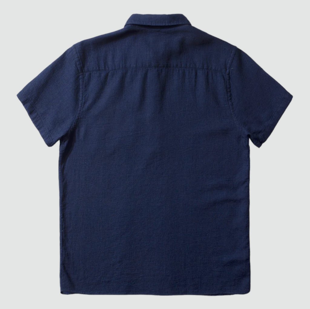 Edmmond Studios Waffle Short Sleeve Polo Shirt in Navy - Straight cut shirt with button placket, chest pocket, and buttoned cuffs, crafted from soft organic cotton waffle fabric.
