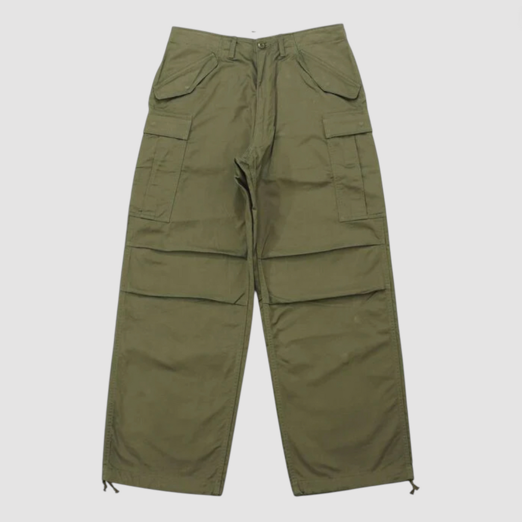 A pair of khaki cargo pants on a light grey background.
