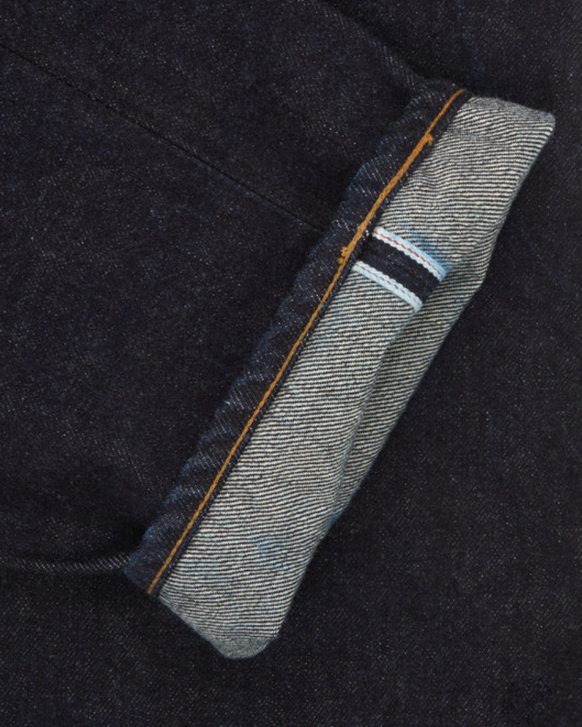 Close up of A pair of Japanese selvedge denim jeans.
