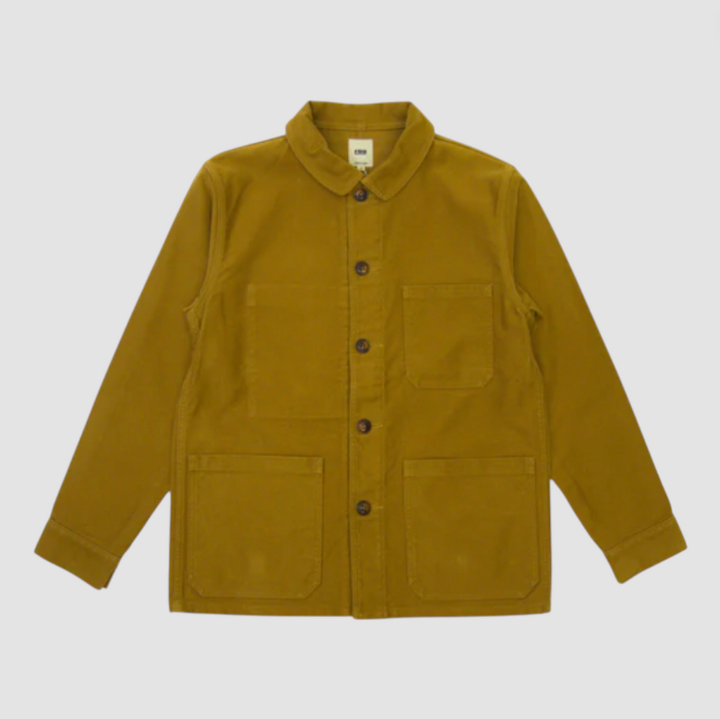 Khaki moleskin French jacket on a light grey background. 