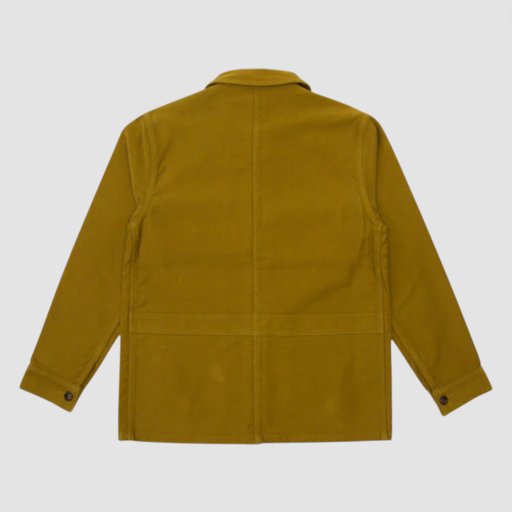 Khaki moleskin French jacket on a light grey background. 