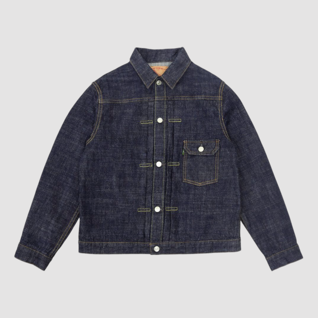 14oz selvedge denim jacket made from Supima cotton, featuring steel engraved buttons, an M-shaped buckle, and a boxy vintage-inspired fit.
