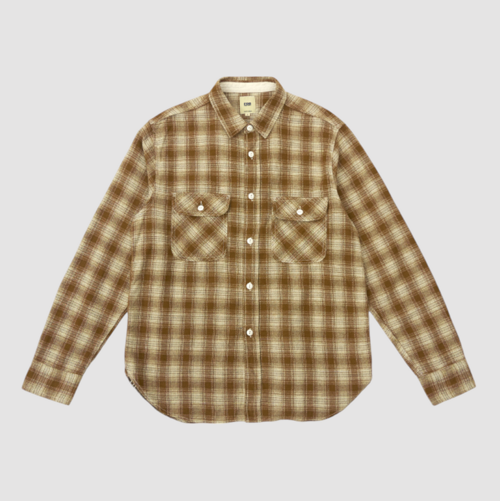 Khaki flannel check work shirt with twisted heathered yarn, featuring a three-dimensional texture and durable triple-needle stitching. 100% cotton.