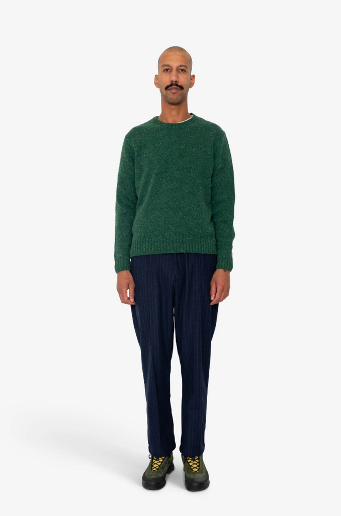 Man wearing a green sweater and dark pants on a white background.
