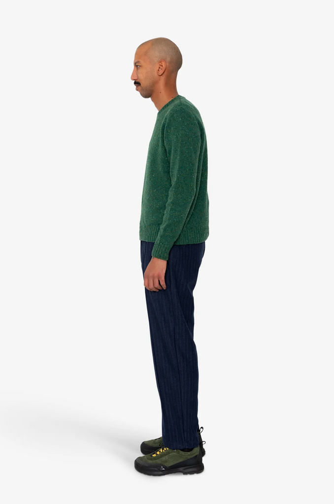 Man wearing a green sweater and dark pants on a white background.