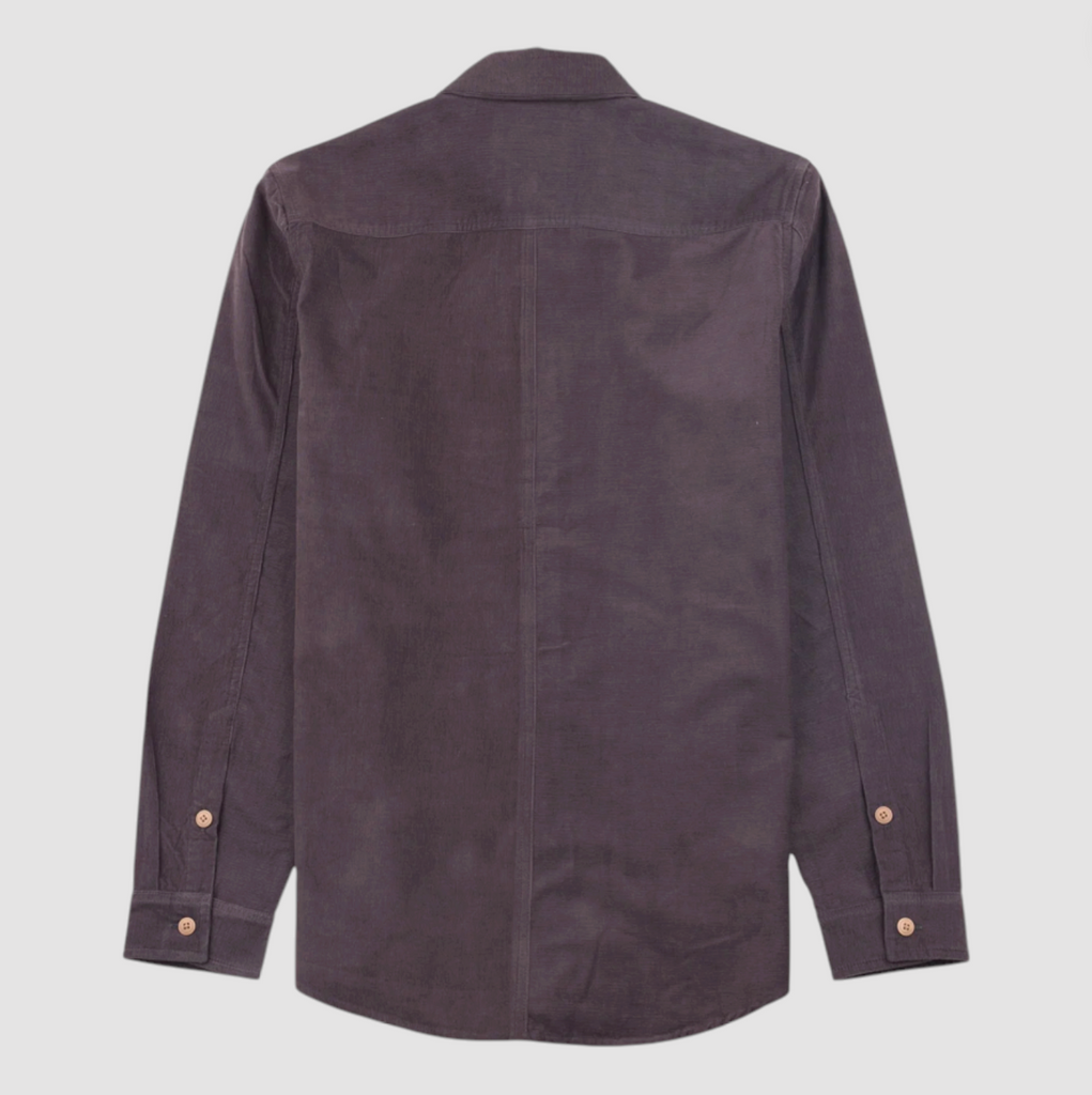 Dark purple shirt on a light gray background.