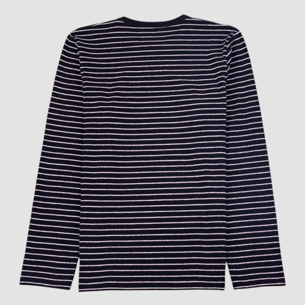 Black and white striped long-sleeve shirt on a light gray background.
