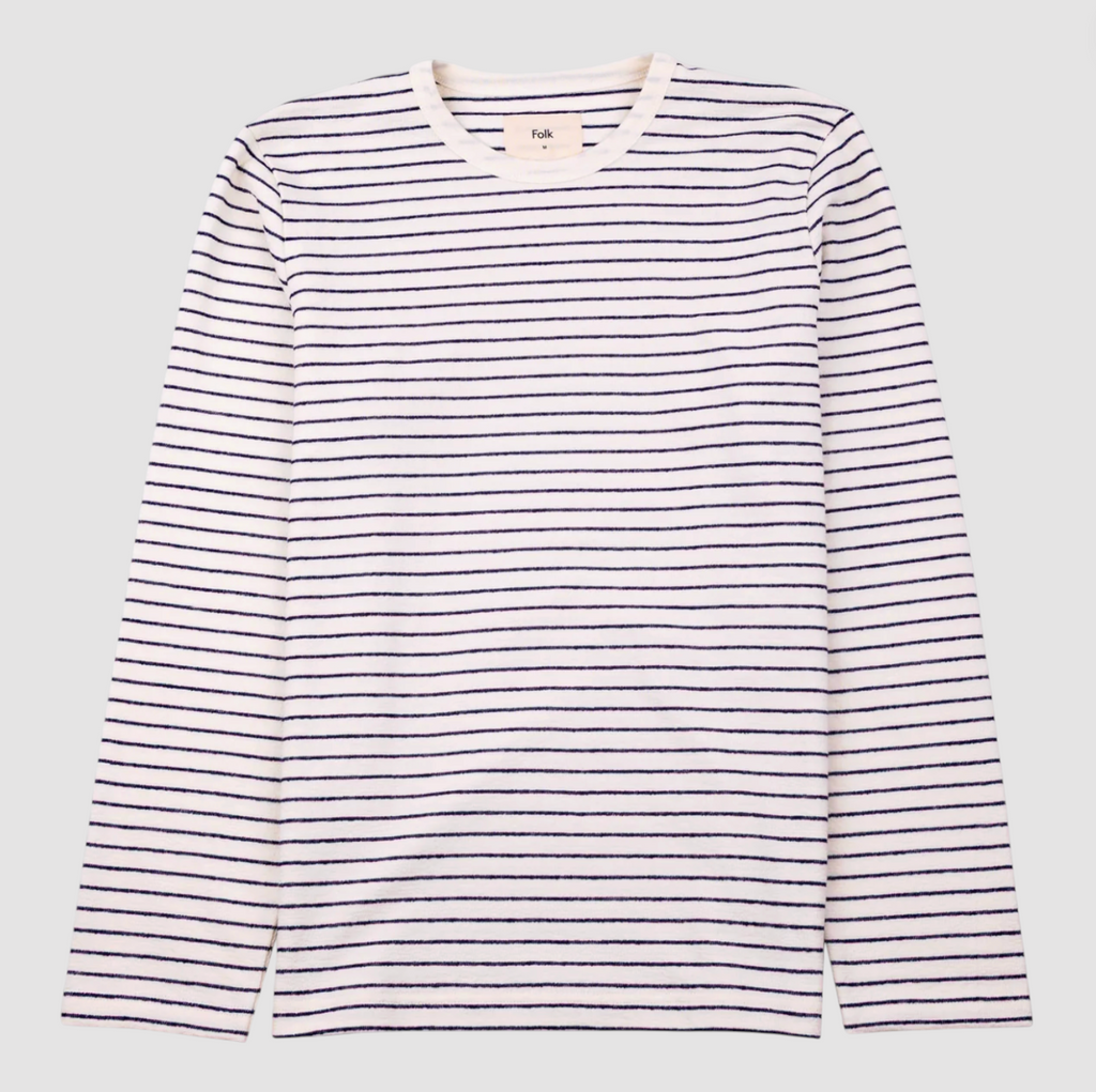Striped long-sleeve shirt on a light gray background.