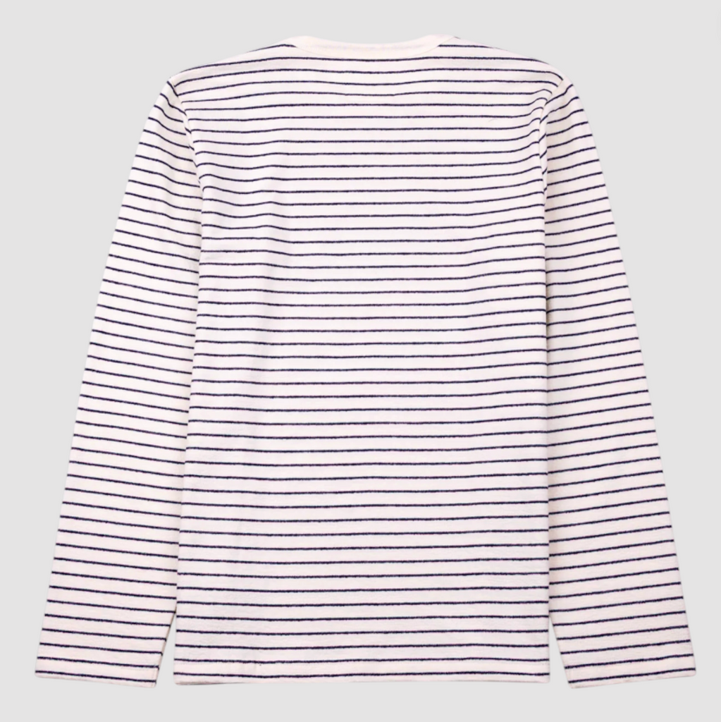 Striped long-sleeve shirt on a light gray background.