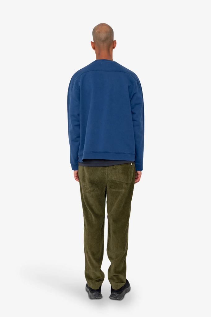 Person wearing a blue sweater and green pants on a white background.