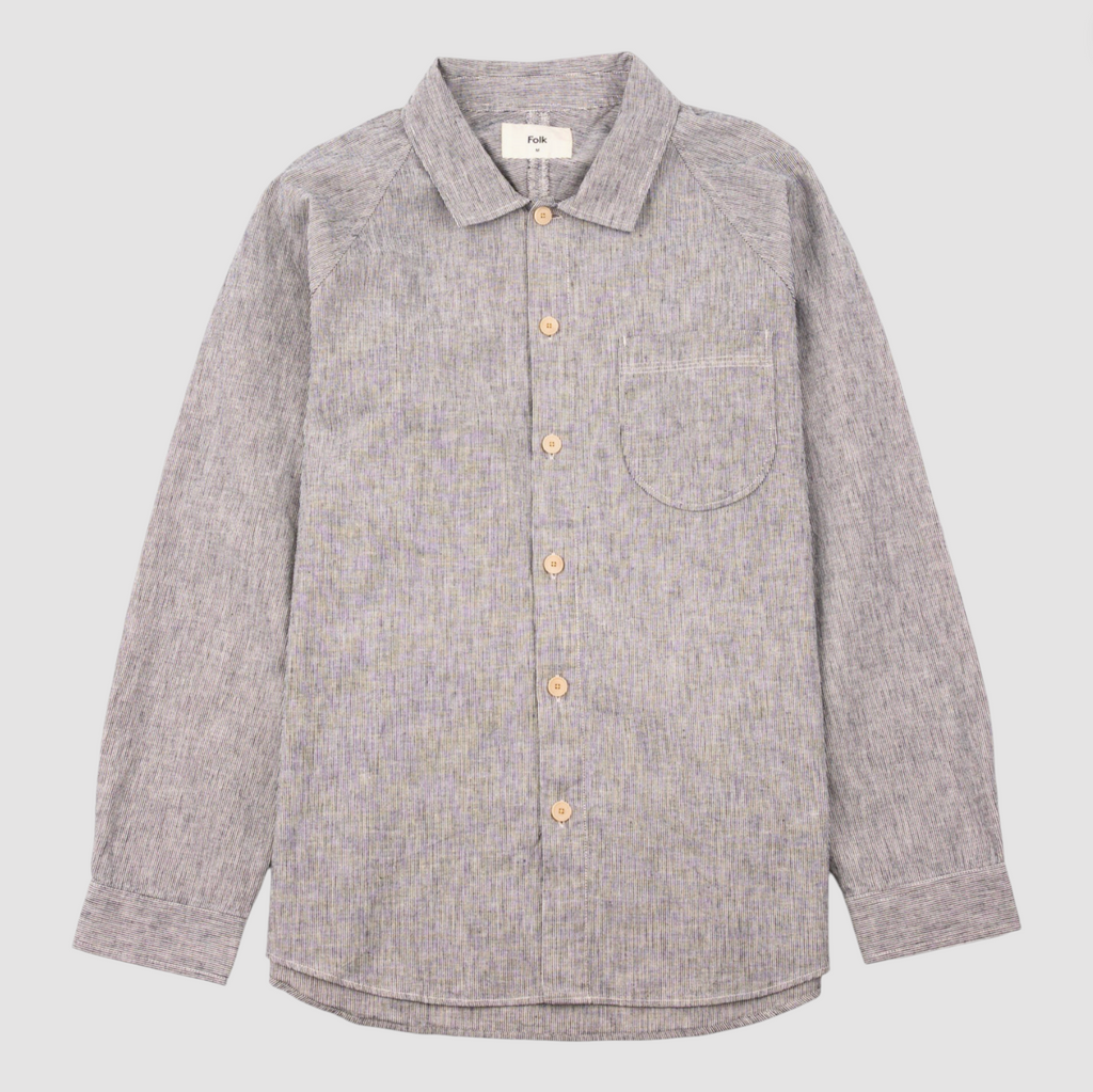 Black and white stripe button-up shirt on a light gray background.