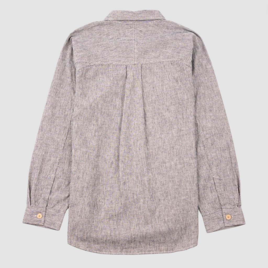 Black and white stripe button-up shirt on a light gray background.