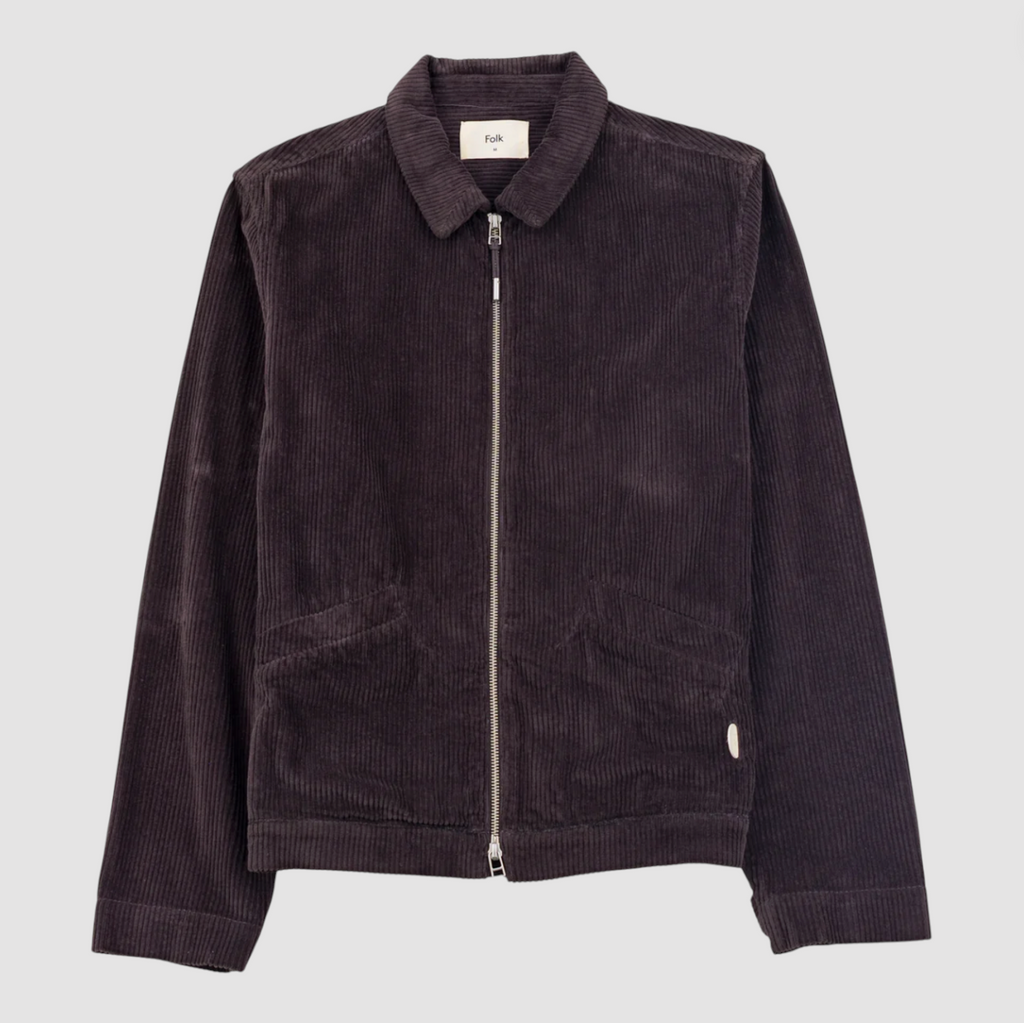 Dark brown corduroy jacket on a light gray background.