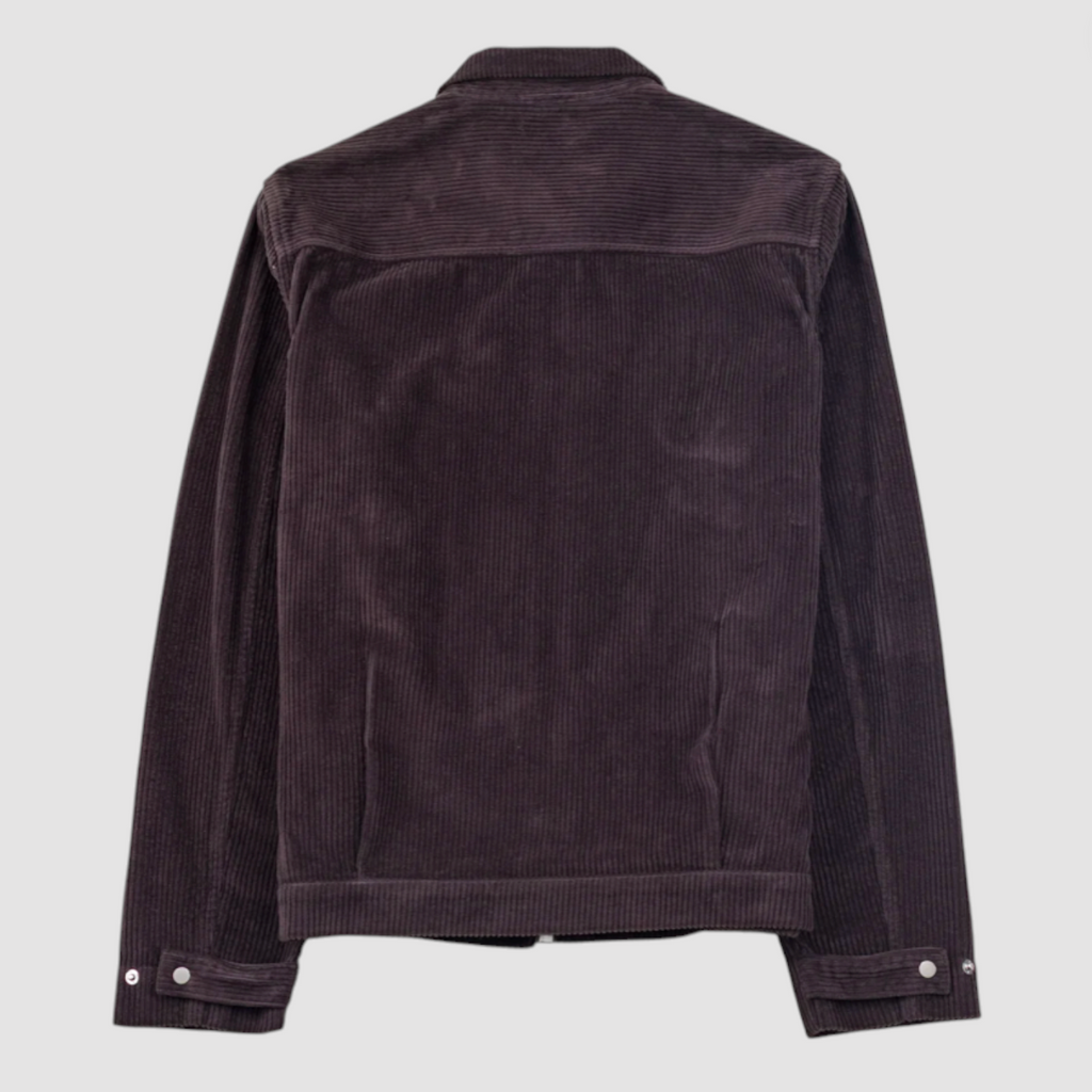 Dark brown corduroy jacket on a light gray background.