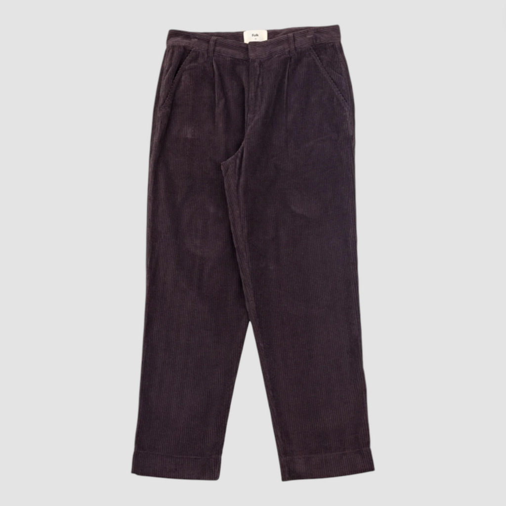 Dark brown corduroy pants on a light gray background.